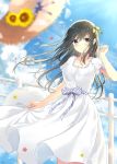 1girl 7_calpis_7 bare_shoulders black_eyes blue_sky blush breasts clouds day dress eyebrows_visible_through_hair hair_between_eyes hat highres long_hair looking_at_viewer original outdoors ribbon sky sleeveless sleeveless_dress smile solo straw_hat summer white_dress 