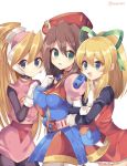  3girls arm_hug artist_name bangs belt beret black_legwear blonde_hair blue_eyes blush bodystocking breasts brown_hair capcom ciel_(rockman) dress eyebrows_visible_through_hair gloves green_eyes hair_between_eyes hair_ornament happy hat headgear high_ponytail holding_arm iris_(rockman_x) long_hair looking_at_viewer looking_to_the_side medium_breasts multiple_girls open_mouth pink_skirt ponytail red_hat rento_(rukeai) rockman rockman_(classic) rockman_8 rockman_x rockman_x4 rockman_zero roll sidelocks simple_background skirt smile very_long_hair white_background white_gloves 