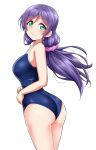  1girl aqua_eyes ass blue_swimsuit blush breasts closed_mouth commentary_request eyebrows_visible_through_hair from_behind hair_ornament hair_scrunchie highres large_breasts legs_together long_hair looking_at_viewer looking_back love_live! love_live!_school_idol_project low_twintails one-piece_swimsuit purple_hair scrunchie shiny shiny_hair simple_background smile solo standing swimsuit toujou_nozomi twintails white_background yopparai_oni 