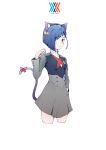  1girl absurdres animal_ears bell blue_hair blush bow breasts cat_ears cat_tail commentary_request cropped_legs darling_in_the_franxx fake_animal_ears green_eyes hair_ornament hair_over_one_eye hairclip hand_in_pocket highres ichigo_(darling_in_the_franxx) looking_at_viewer paw_pose q-pra ribbon short_hair solo tail tail_bow tail_ribbon uniform 