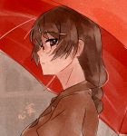  1girl black_eyes black_hair braid glasses hair_ornament hairclip hanekawa_tsubasa kokomi_(aniesuakkaman) looking_at_viewer monogatari_(series) parted_lips red_umbrella school_uniform sketch solo umbrella 