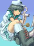  1girl anchor anchor_symbol bangs bare_arms black_footwear black_hair boots boyshorts closed_mouth cross-laced_footwear foreshortening full_body gradient gradient_background green_eyes hand_up hat highres knee_up lace-up_boots leaning_forward lips looking_at_viewer murasa_minamitsu sailor sailor_hat shirt short_hair short_sleeves shorts shorts_under_shorts sitting smile socks solo totsuki_(puyonpuyon) touhou underwear upshorts white_legwear white_shirt white_shorts 