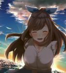  1girl arms_behind_back bangs blue_ribbon blush breasts brown_hair cleavage closed_eyes clouds cloudy_sky collarbone eyebrows_visible_through_hair hair_ribbon highres horizon idolmaster idolmaster_shiny_colors large_breasts leaning_forward long_hair ocean open_mouth outdoors parted_bangs ponytail ribbon shirt skirt sky sleeveless sleeveless_shirt smile solo sun sunlight sunrise tarakomoooon teeth tied_shirt tsukioka_kogane upper_body white_shirt 