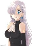  1girl bare_shoulders black_gloves blue_earrings blue_eyes blush breasts buttons elbow_gloves elizabeth_liones gloves hair_over_one_eye harumiya jewelry long_hair looking_at_viewer medium_breasts nanatsu_no_taizai necktie silver_hair single_earring single_glove smile twitter_username upper_body white_background white_hair 