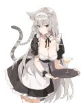  1girl aiko_(kanl) animal_ears apron blush braid breasts cat_ears cat_tail cleavage cocktail_glass cup drinking_glass green_eyes grey_hair leaning_forward long_hair looking_at_viewer maid maid_apron maid_headdress original simple_background solo tail tray very_long_hair white_background 