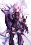  1girl animal armored_boots armored_leotard black_footwear black_leotard boots eyes fate/grand_order fate_(series) fou_(fate/grand_order) gloves hair_ornament hair_over_one_eye holding_shield leotard mash_kyrielight nagasawa_tougo pink_hair purple_gloves shield short_hair simple_background solo standing sword thigh-highs thigh_boots violet_eyes weapon white_background 