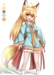  1girl :d animal_ears bare_shoulders blonde_hair color_guide dress fang fox_ears fox_girl fox_tail highres horokusa_(korai) korai_(horokusa) long_hair open_mouth original smile tail yellow_eyes zipper 