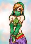  1boy baggy_pants bangs bare_shoulders blonde_hair blush bridal_gauntlets collarbone cowboy_shot crop_top crossdressinging detached_sleeves embarrassed frown gerudo_link green_eyes highres link looking_at_viewer mitarashi_kousei pants parted_bangs pointy_ears see-through shiny shiny_hair sketch solo sweat the_legend_of_zelda the_legend_of_zelda:_breath_of_the_wild trap 