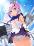  1girl agnamore anchor arm_up azur_lane bangs bare_shoulders bird black_ribbon blue_eyes blue_sky blush bow bow_panties breasts camisole cannon chains closed_mouth clouds commentary_request crown day eyebrows_visible_through_hair gloves hair_between_eyes hair_ornament hair_ribbon javelin_(azur_lane) looking_at_viewer mini_crown outdoors panties pink_hair plaid plaid_skirt pleated_skirt purple_skirt ribbon single_glove skirt sky small_breasts smile solo sunlight turret underwear white_camisole white_gloves white_panties 