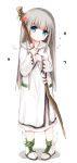  1girl bangs blue_eyes boots crescent eyebrows_visible_through_hair full_body head_tilt holding holding_staff long_sleeves looking_at_viewer original robe silver_hair solo staff standing star white_background white_footwear white_robe white_wings wide_sleeves winged_boots wings yuuhagi_(amaretto-no-natsu) 
