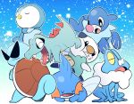  beak blue blue_background closed_eyes crossed_arms froakie gen_1_pokemon gen_2_pokemon gen_3_pokemon gen_4_pokemon gen_5_pokemon gen_6_pokemon gen_7_pokemon kicking looking_at_another looking_back minashirazu mudkip no_humans open_mouth oshawott piplup pokemon pokemon_(creature) popplio sharp_teeth shell sleeping squirtle sunglasses tail teeth totodile trait_connection 