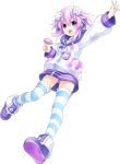  1girl d-pad d-pad_hair_ornament hair_ornament highres long_hair looking_at_viewer neptune_(choujigen_game_neptune) neptune_(series) official_art open_mouth purple_hair short_hair smile solo striped striped_legwear thigh-highs tsunako violet_eyes 