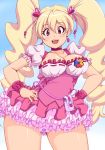  1girl :d blush bow breasts choker cleavage collarbone cowboy_shot cure_peach dress earrings fresh_precure! hair_ornament hands_on_hips heart heart_hair_ornament highres jewelry kihaiu large_breasts legs_apart long_hair looking_at_viewer magical_girl momozono_love open_mouth pink_bow pink_choker pink_dress pouch precure puffy_short_sleeves puffy_sleeves ribbon-trimmed_clothes ribbon-trimmed_dress ribbon_trim short_dress short_sleeves smile solo standing teeth thighs twintails very_long_hair wristband 