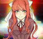  1girl bow breasts brown_hair closed_mouth commentary doki_doki_literature_club eyebrows_visible_through_hair green_eyes hair_between_eyes hair_bow kokomi_(aniesuakkaman) leaning_forward long_hair looking_at_viewer medium_breasts monika_(doki_doki_literature_club) ponytail ribbon school_uniform sidelocks smile solo 