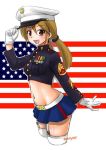  1girl :d american_flag blonde_hair blue_skirt blush brown_eyes cowboy_shot cropped_jacket cropped_legs ebifly garter_straps gloves hair_between_eyes hair_ornament hair_scrunchie hand_on_headwear hand_up hat long_sleeves looking_at_viewer low_twintails medal midriff military military_uniform navel open_mouth original peaked_cap scrunchie skirt smile solo thigh-highs twintails uniform white_gloves white_hat white_legwear 