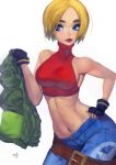  1girl abs bare_shoulders blonde_hair blue_eyes blue_mary breasts crop_top fatal_fury gloves halter_top halterneck hector_enrique_sevilla_lujan highres large_breasts midriff muscle navel nipples pants short_hair smile snk solo straight_hair the_king_of_fighters 