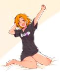  1girl bare_legs blue_eyes commentary english nora_valkyrie orange_hair rwby shirt solo stretch t-shirt waking_up yawning 