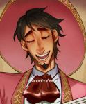  1boy acoustic_guitar black_hair bow charro closed_eyes coco_(disney) dark_skin facial_hair goatee guitar hat hector_rivera hector_rivera_(alive) instrument jacket mariachi short_hair smile solo sombrero tears 