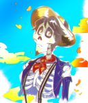  1boy bandanna black_hair blue_sky brown_eyes coco_(disney) disney facial_hair goatee hat hector_rivera petals short_hair skeleton skull sky solo straw_hat suspenders 