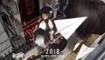  .l.l 2018 2girls bare_shoulders black_hair brown_eyes cafe corset dog dress flower from_above guitar hair_flower hair_ornament happy_new_year highres instrument leash multiple_girls new_year original paper_airplane pleated_skirt rain revision short_hair sidewalk skirt umbrella vest walking white_dress 