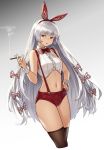  1girl adapted_costume bare_arms bare_shoulders black_legwear bow bowtie cigarette commentary_request cowboy_shot crop_top cropped_legs fujiwara_no_mokou hair_bow hairband hand_on_hip highres holding holding_cigarette houtengeki long_hair looking_at_viewer midriff navel parted_lips red_bow red_eyes red_hairband red_neckwear red_shorts shirt short_shorts shorts silver_hair simple_background sleeveless sleeveless_shirt smoke solo standing stomach suspenders thigh-highs touhou very_long_hair white_background white_bow white_shirt wing_collar wrist_cuffs 