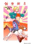  1girl abs bare_shoulders blonde_hair blue_eyes blue_mary crop_top dog fatal_fury gloves halter_top halterneck highres makeinu midriff muscle navel pants short_hair smile snk solo straight_hair the_king_of_fighters 