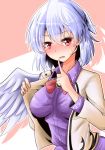  1girl blush breasts breasts_apart brooch collared_shirt eyebrows_visible_through_hair feathered_wings finger_to_mouth full-face_blush highres jacket jewelry kishin_sagume large_breasts long_sleeves looking_at_viewer open_mouth oshiaki purple_shirt red_eyes shirt short_hair shushing silver_hair single_wing solo sweatdrop touhou upper_body wavy_mouth white_jacket wings 