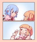  2girls 2koma :&gt; :&lt; ascot bangs bat_wings blonde_hair blue_hair blunt_bangs brooch cheek_pinching comic commentary english_commentary eyebrows_visible_through_hair flandre_scarlet frilled_shirt_collar frills hair_between_eyes highres jewelry multiple_girls no_hat no_headwear one_eye_closed pinching pointy_ears puffy_short_sleeves puffy_sleeves red_eyes remilia_scarlet short_hair short_sleeves siblings side_ponytail sisters touhou v wings winking wrist_cuffs yoruny 
