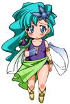  1girl armlet blue_eyes bracelet cape child earrings final_fantasy final_fantasy_iv green_hair green_sarong hair_ornament hand_on_own_chest jewelry leotard long_hair nakagami_takashi purple_leotard rydia sandals sarong single_pauldron solo wavy_hair white_cape young younger 