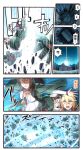  3girls 3koma blonde_hair blue_eyes brown_hair comic commentary_request facial_scar gangut_(kantai_collection) hair_between_eyes hair_ornament hairclip happi highres ido_(teketeke) iowa_(kantai_collection) japanese_clothes kantai_collection long_hair multiple_girls no_hat no_headwear open_mouth ponytail robot scar shaded_face speech_bubble teeth translation_request very_long_hair white_hair yamato_(kantai_collection) 