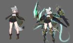  1girl absurdres animal_ears arrow blue_eyes blush boots bow_(weapon) bracelet cape commentary_request energy full_body grey_background grey_hair highres jewelry looking_at_viewer mecha_musume oota_youjo original parted_lips quiver simple_background standing tail weapon 