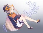  1girl abigail_williams_(fate/grand_order) bangs black_bow black_dress black_footwear black_hat blonde_hair bloomers blue_eyes bow bug butterfly closed_mouth commentary_request dress eyebrows_visible_through_hair fate/grand_order fate_(series) forehead gradient gradient_background grey_background hair_bow hat high_heels highres insect junko_(s-12853) long_hair long_sleeves object_hug orange_bow parted_bangs polka_dot polka_dot_bow shoes sleeves_past_fingers sleeves_past_wrists solo stuffed_animal stuffed_toy teddy_bear underwear very_long_hair white_background white_bloomers 