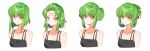  1girl alternate_hairstyle bare_shoulders black_dress breasts c.c. cleavage closed_mouth code_geass creayus dress eyebrows_visible_through_hair facial_mark forehead_mark green_hair looking_at_viewer multiple_views short_hair simple_background upper_body white_background yellow_eyes 