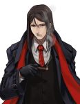  1boy black_gloves black_vest brown_hair cigar coat collared_shirt commentary_request fate/grand_order fate_(series) gloves highres long_hair long_sleeves looking_at_viewer lord_el-melloi_ii male_focus necktie open_clothes open_coat parted_lips shirt simple_background smoke solo upper_body vest waver_velvet white_background white_shirt wing_collar zonotaida 