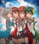  4girls :d ahoge battle_girl_high_school blue_eyes blush braid brooch brown_hair green_eyes green_hair grey_hair hair_ornament hair_over_shoulder highres hoshitsuki_miki jewelry kiyosato0928 long_hair looking_at_viewer misaki_(battle_girl_high_school) multiple_girls narumi_haruka open_mouth short_hair single_braid smile thigh-highs wakaba_subaru zettai_ryouiki 