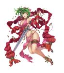  1girl breasts fire_emblem fire_emblem:_seisen_no_keifu fire_emblem_heroes full_body green_eyes highres holding holding_sword holding_weapon leen_(fire_emblem) long_hair medium_breasts midriff official_art reverse_grip sandals solo sword thigh_strap transparent_background weapon yoshiku_(oden-usagi) 