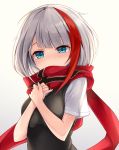  1girl admiral_graf_spee_(azur_lane) azur_lane blue_eyes blush covering_mouth eyebrows_visible_through_hair gradient gradient_background grey_background looking_down multicolored_hair oshishio red_scarf redhead scarf short_hair short_sleeves silver_hair solo two-tone_hair upper_body 