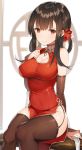  1girl alternate_costume arm_support bangs bare_shoulders black_legwear black_panties blunt_bangs breasts bridal_gauntlets brown_hair china_dress chinese_clothes cleavage cleavage_cutout closed_mouth collarbone dress dsr-50_(girls_frontline) eyebrows_visible_through_hair flower girls_frontline hair_flower hair_ornament hand_on_own_chest highres knees_together_feet_apart lace lace-trimmed_thighhighs large_breasts long_hair looking_at_viewer panties parted_lips pelvic_curtain red_dress red_eyes rikoma see-through side_slit sidelocks sitting smile solo studs thigh-highs thighs underwear 