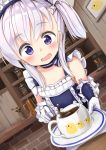  1girl ame. azur_lane bangs belfast_(azur_lane) blue_dress blush braid brick_wall collarbone commentary_request cup dress dutch_angle elbow_gloves eyebrows_visible_through_hair gloves hair_between_eyes holding holding_saucer indoors long_hair maid_headdress one_side_up open_mouth painting_(object) picture_frame saucer silver_hair sleeveless sleeveless_dress solo teacup violet_eyes white_gloves 