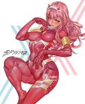  aqua_eyes bodysuit breasts commentary darling_in_the_franxx eyeshadow finger_in_mouth flush green_eyes hairband horns jet_kimchrea makeup medium_breasts oni_horns pilot_suit pink_hair red_bodysuit red_horns shiny shiny_hair skin_tight straight_hair uniform white_hairband zero_two_(darling_in_the_franxx) 