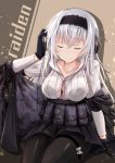  1girl ammunition_pouch arm_support bangs belt_pouch black_gloves black_hairband black_jacket black_legwear black_skirt blush closed_eyes collarbone collared_shirt eyebrows_visible_through_hair girls_frontline gloves hairband hakuya_(white_night) hand_on_headphones headphones jacket long_hair long_sleeves neck_ribbon neck_stitches off_shoulder pantyhose pleated_skirt pouch red_ribbon ribbon shirt sidelocks sitting skirt smile thighband_pantyhose thunder_(girls_frontline) very_long_hair 