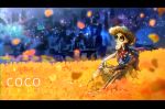  1boy airagency1005 bandanna black_hair brown_eyes coco_(disney) disney facial_hair field flower flower_field goatee hat hector_rivera petals short_hair sitting skeleton skull solo straw_hat 