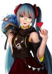  1girl :d bangs black_sweater blue_eyes blue_flower blue_hair bouquet eyebrows_visible_through_hair flower glasses hair_ornament hatsune_miku heart highres holding holding_bouquet index_finger_raised long_hair looking_at_viewer open_mouth red_skirt round_eyewear shimmer shoulder_cutout simple_background skirt smile solo standing sweater twintails very_long_hair vocaloid white_background 
