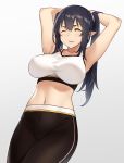  1girl armpits arms_behind_head arms_up bangs black_hair blush breasts clenched_teeth collarbone elf elf_(houtengeki) gradient gradient_background houtengeki large_breasts long_hair midriff navel one_eye_closed original pants parted_lips pointy_ears simple_background sleeveless solo sports_bra teeth twintails wristband yellow_eyes yoga_pants 