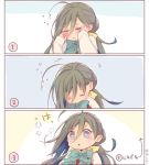  1girl 3koma ahoge closed_eyes colis comic commentary_request grey_eyes grey_hair hair_between_eyes kantai_collection kiyoshimo_(kantai_collection) long_hair long_sleeves low_twintails multicolored_hair one_eye_closed school_uniform sleepy translation_request twintails twitter_username very_long_hair 