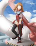  1girl blue_eyes blue_sky bodysuit clouds contrapposto costume haruka_(pokemon) headset high_heels latias latios leotard mecha no_panties pokemon rilex_lenov skin_tight small_breasts 