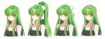  1girl alternate_hairstyle bare_shoulders black_dress bow breasts c.c. cleavage closed_mouth code_geass creayus dress eyebrows_visible_through_hair green_hair hair_bow hairband looking_at_viewer multiple_views ponytail simple_background upper_body white_background white_bow yellow_eyes 