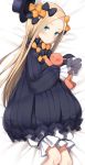 1girl :o abigail_williams_(fate/grand_order) bangs bed_sheet bell_(oppore_coppore) black_bow black_dress black_hat blonde_hair bloomers blue_eyes blush bow bug butterfly dress fate/grand_order fate_(series) forehead hair_bow hat highres insect long_hair long_sleeves looking_at_viewer lying object_hug on_side orange_bow parted_bangs parted_lips polka_dot polka_dot_bow sleeves_past_fingers sleeves_past_wrists solo stuffed_animal stuffed_toy teddy_bear underwear very_long_hair white_bloomers 