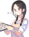  1girl apron bangs black_hair braid breasts brown_eyes closed_mouth collarbone commentary_request eighth_note eyebrows_visible_through_hair glasses long_hair low_twintails medium_breasts musical_note original oven_mitts parted_bangs shirt short_sleeves simple_background smile solo striped twin_braids twintails vertical-striped_apron vertical_stripes white_background white_shirt yuki_arare 