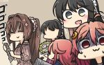  3girls :3 :d ^_^ black_hair blush brown_hair brown_sweater bucket closed_eyes commentary_request crescent crescent_hair_ornament dated empty_eyes eyebrows_visible_through_hair fang flower hair_between_eyes hair_flower hair_ornament hamu_koutarou highres kantai_collection long_hair multiple_girls naganami_(kantai_collection) open_mouth pink_eyes pink_flower pink_hair ponytail ribbed_sweater shaded_face smile sweater translation_request uzuki_(kantai_collection) very_long_hair wet yamato_(kantai_collection) yellow_eyes 